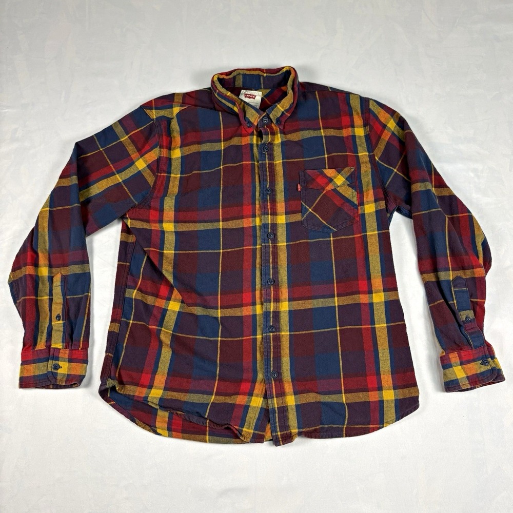 Levi's Plaid Flannel Shirt Mens XL Navy Yellow Burgundy Button Down Long Sleeve